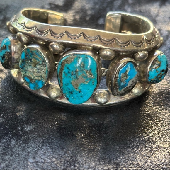 Vintage Navajo Turquoise Sterling Silver Cuff Bracelet AZ7BB Twisted Wire - Picture 1 of 15